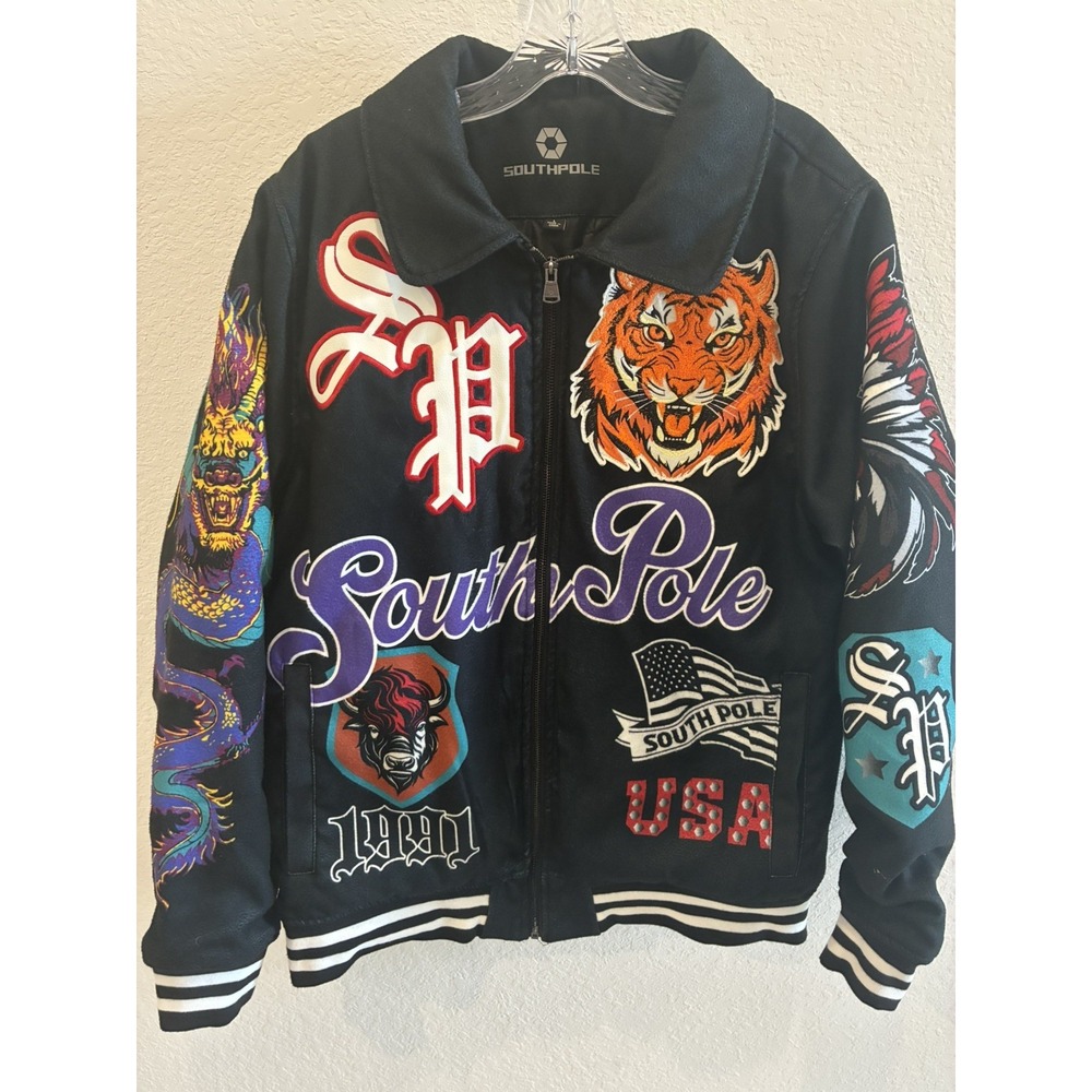 Southpole Varsity Bomber Jacket~ Men Large~ Black Zip Tiger. NWOT